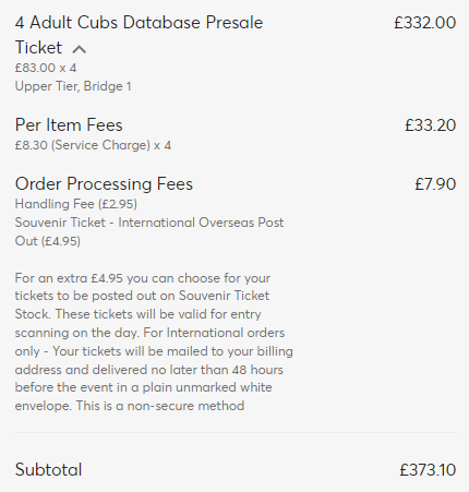 London June 2023 Cubs vs Cards ticket fees and charges